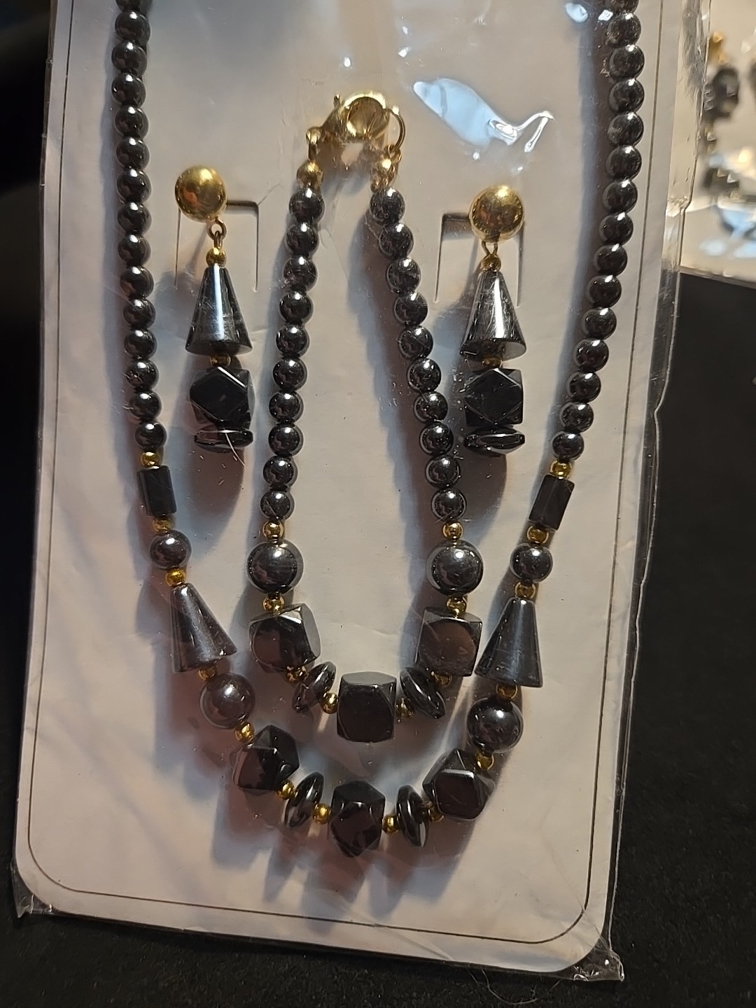 Vtg Hematite Necklace Bracelet Earrings Set Healing Peace Lot Fashion Jewelry
