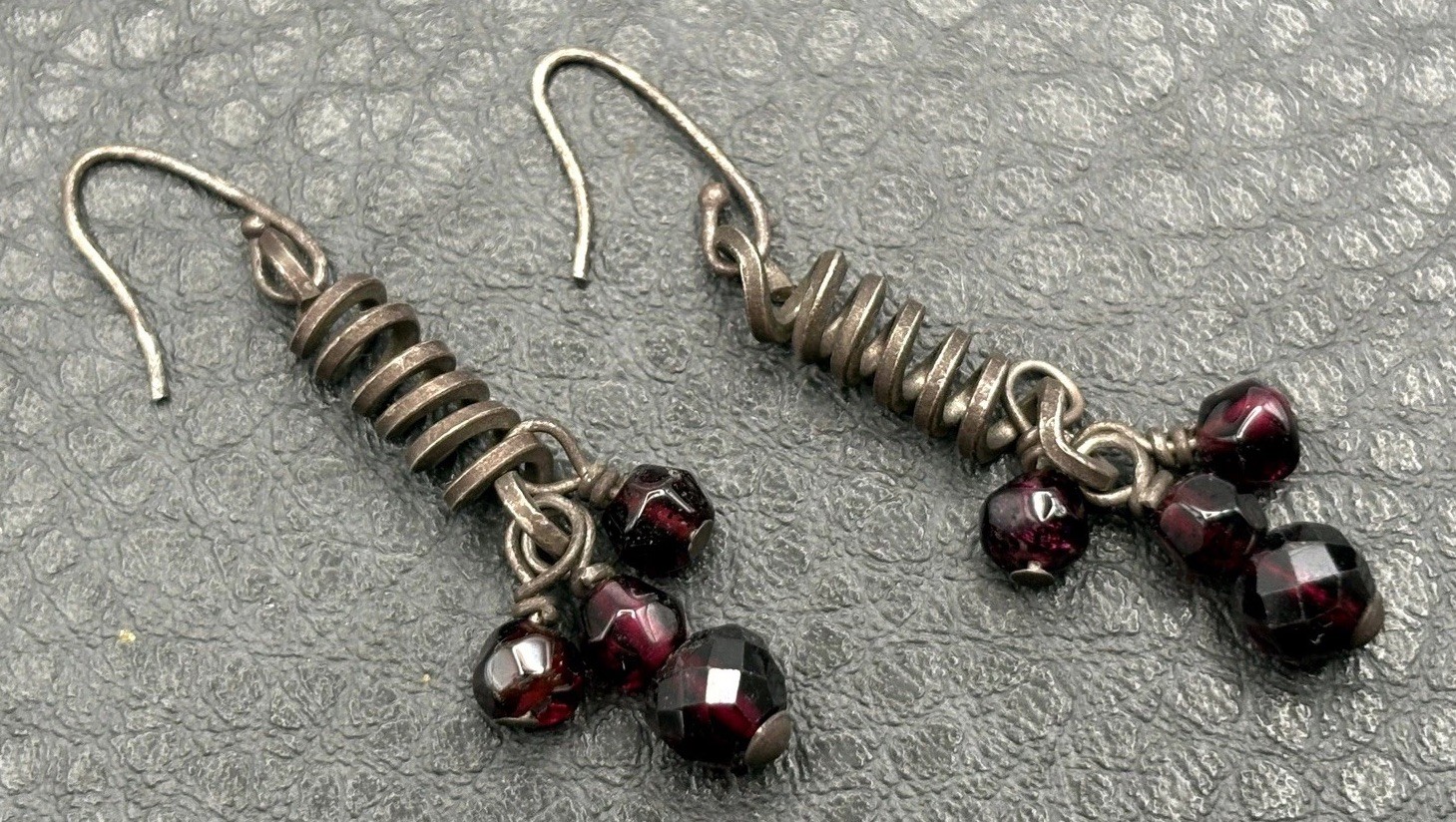 Rare Victorian Sterling Silver Bohemian Red Garnet Corkscrew Dangle Earrings