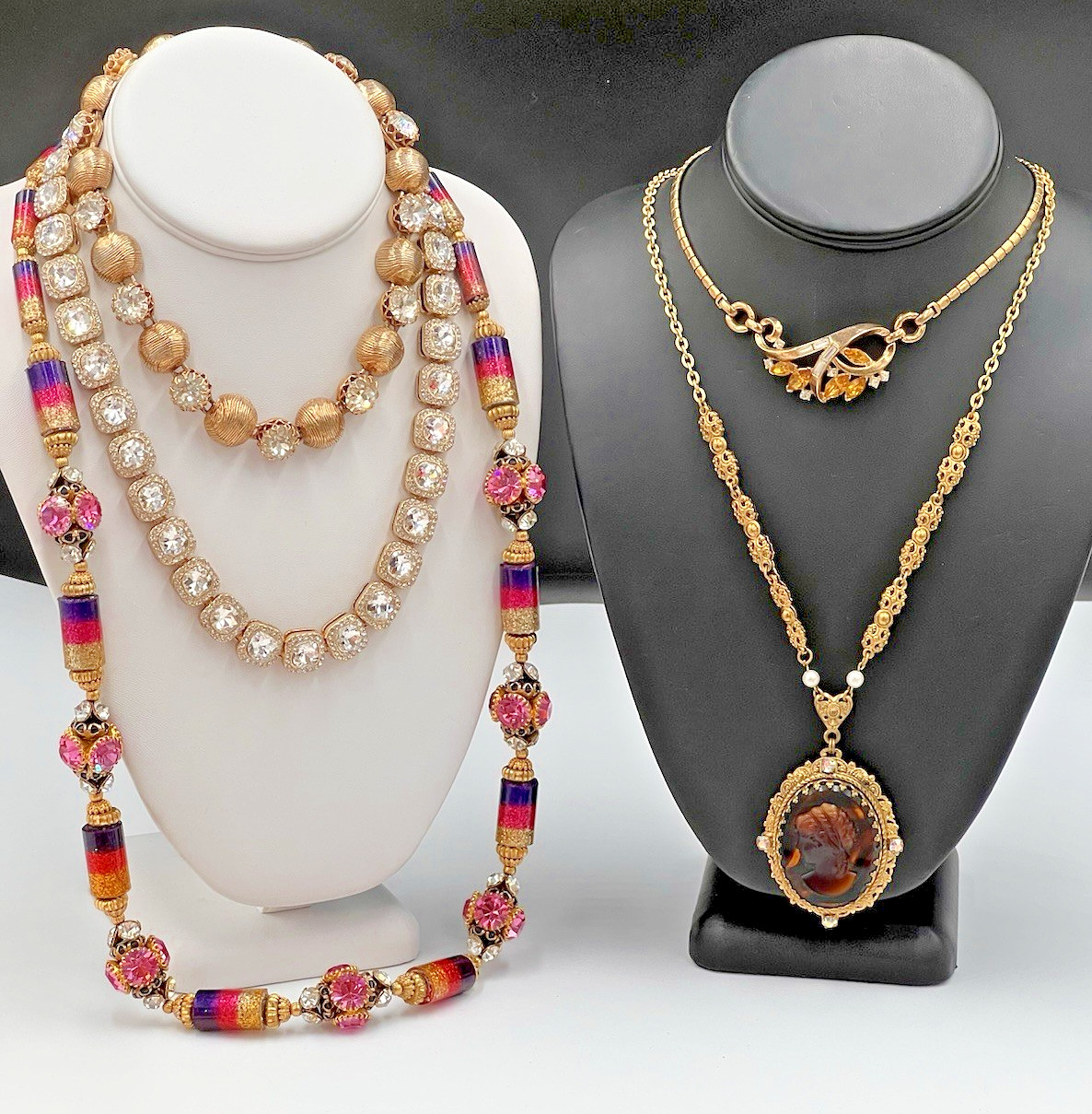 Vtg Rhinestone Glass Necklace Lot, Kramer, Trifari, West Germany Cameo