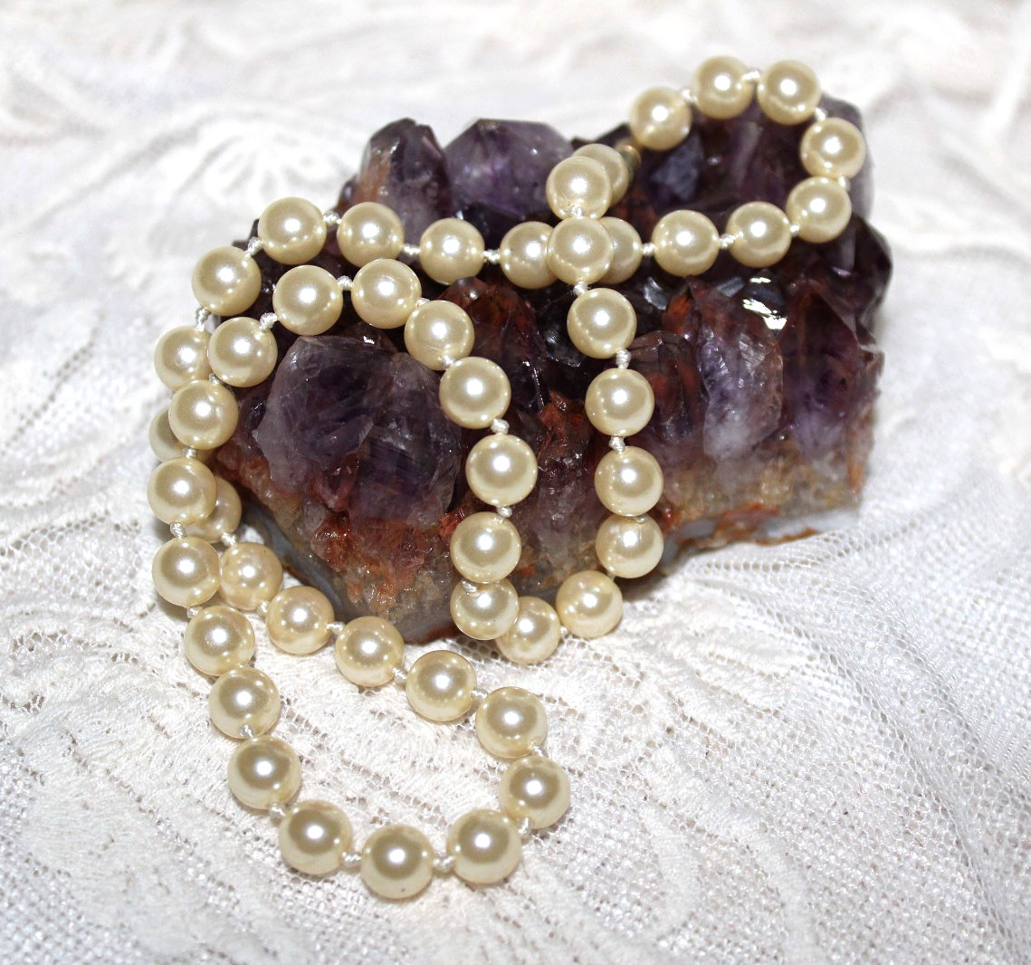 HAND KNOTTED SILVER TONE & GENUINE IVORY PEARL BEAD NECKLACE 18″