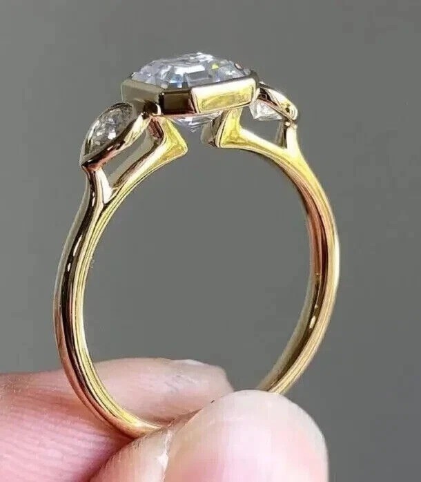 2.50Ct Asscher Lab Created Diamond 3-Stone Anniversary Wedding 14K Gold FN Ring