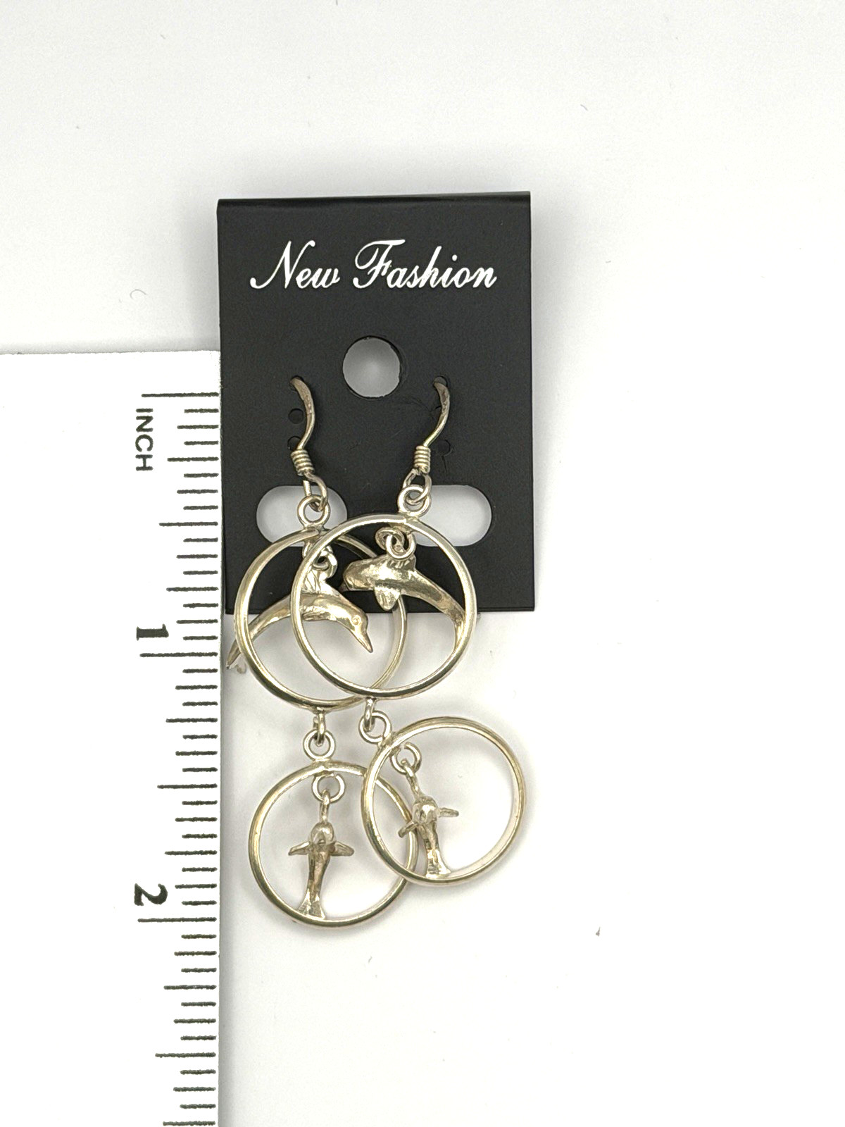 Vintage Sterling Silver Dangle Hoops with Dolphins Pierced Earrings