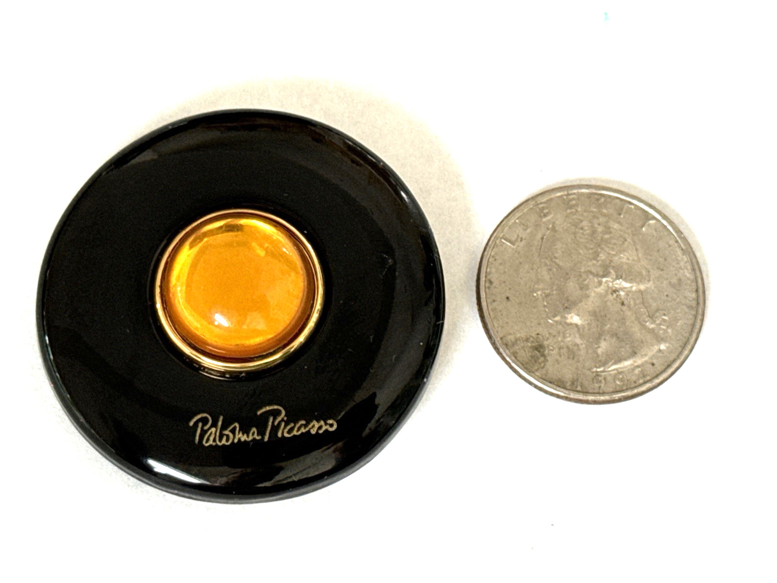 PALOMA PICASSO Designer Round Black Brooch Amber Glass Center