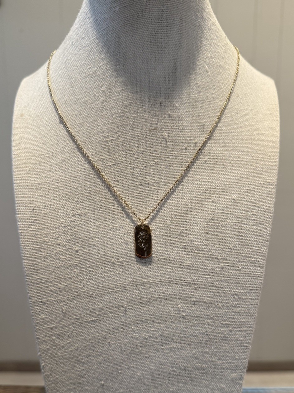 Vintage Sterling Forever Rose Pendant Necklace Gold Tone Dog Tag 18″ Adjustable