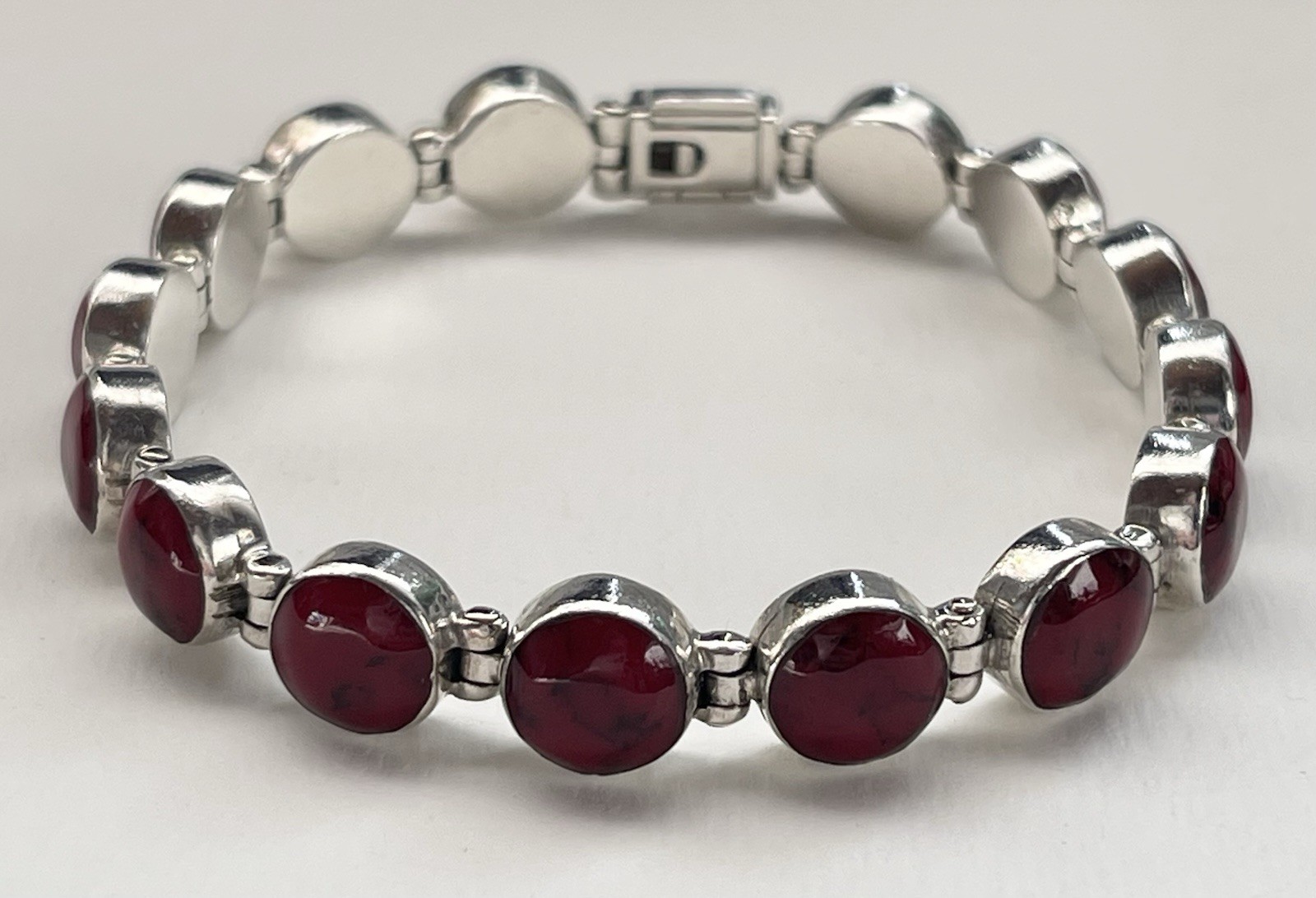 Vintage Sterling Silver Taxco Mexico 950 Red Jasper Hinged Links Bracelet 30g 7”