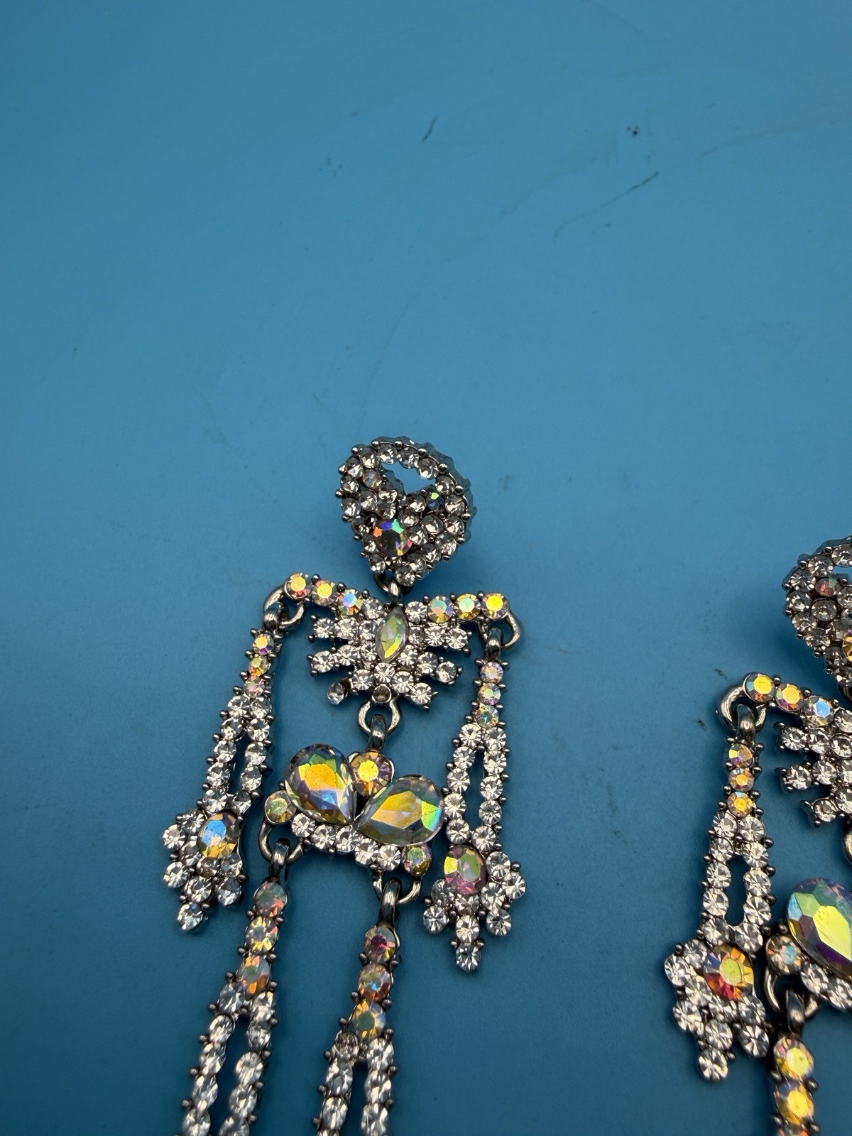 Vintage AB Rhinestone Chandelier Dangle Earrings Silver Tone Statement Pierced
