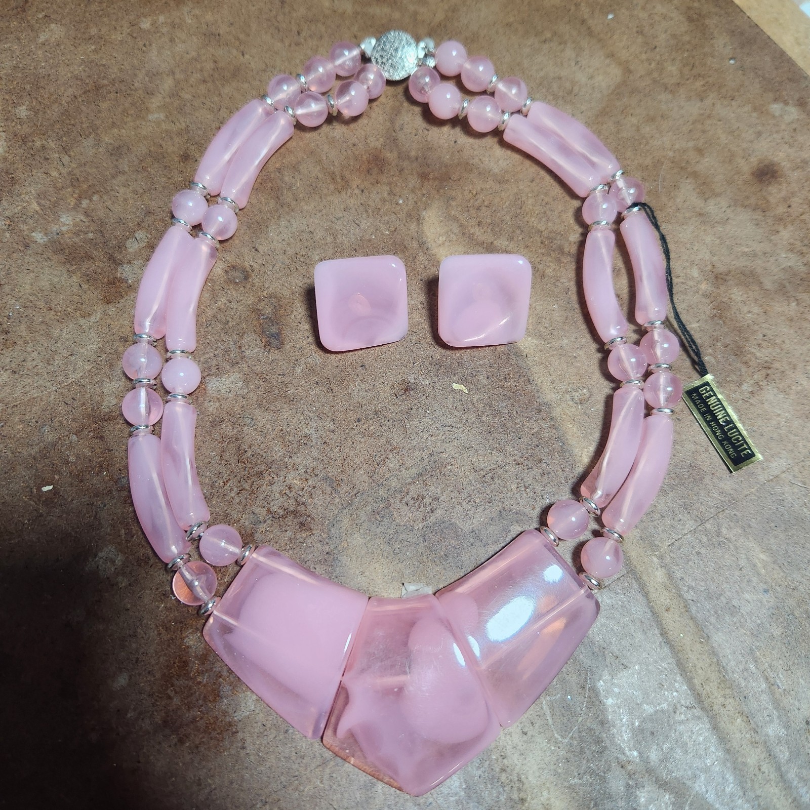 Vtg 80’s Pink Lucite Necklace Earring Set Hong Kong Moonglow Geometric Statement