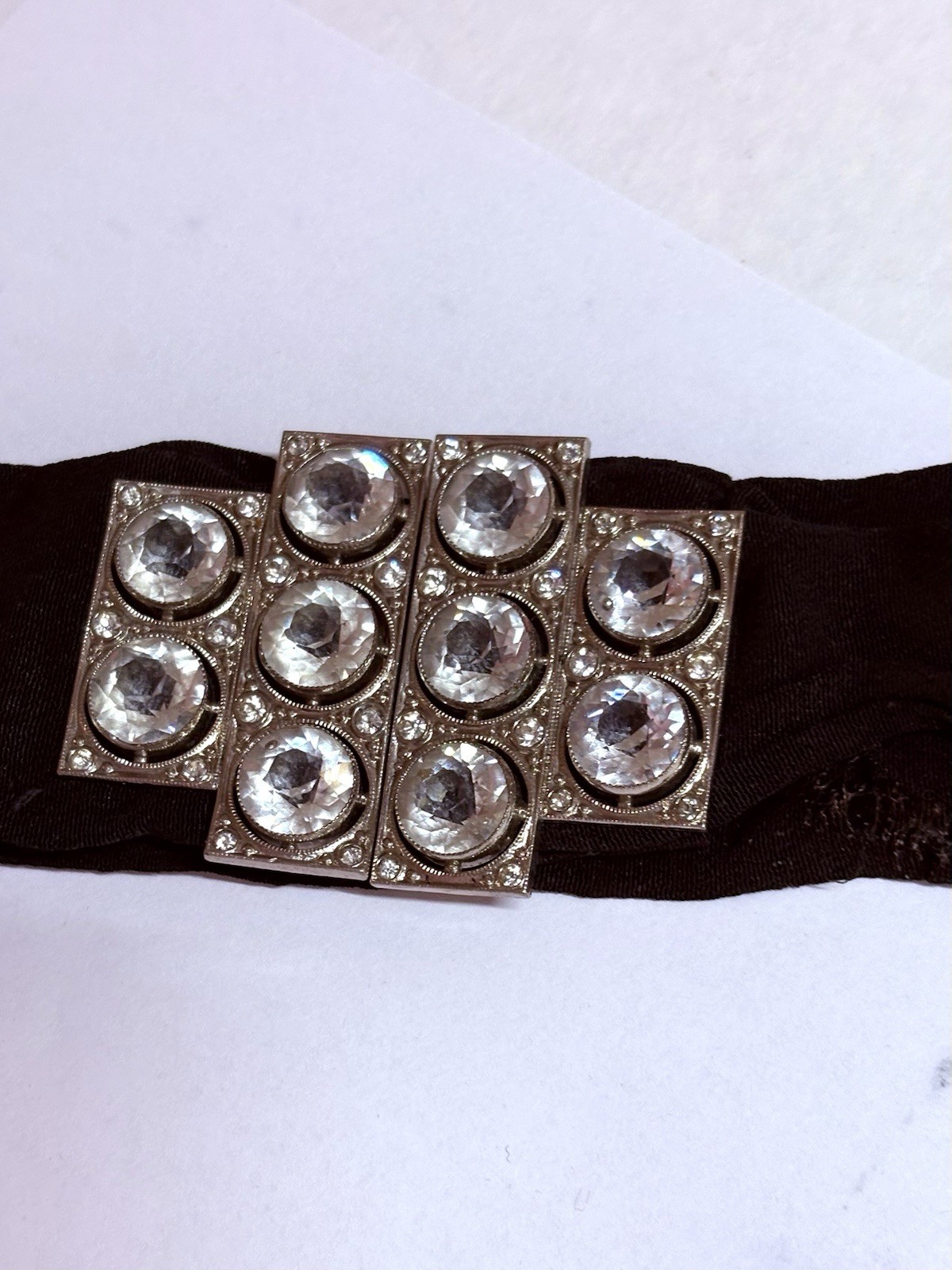 Antique Paste Crystal Silver Belt Buckle Black Crepe Sash Belt Hallmarked Czech