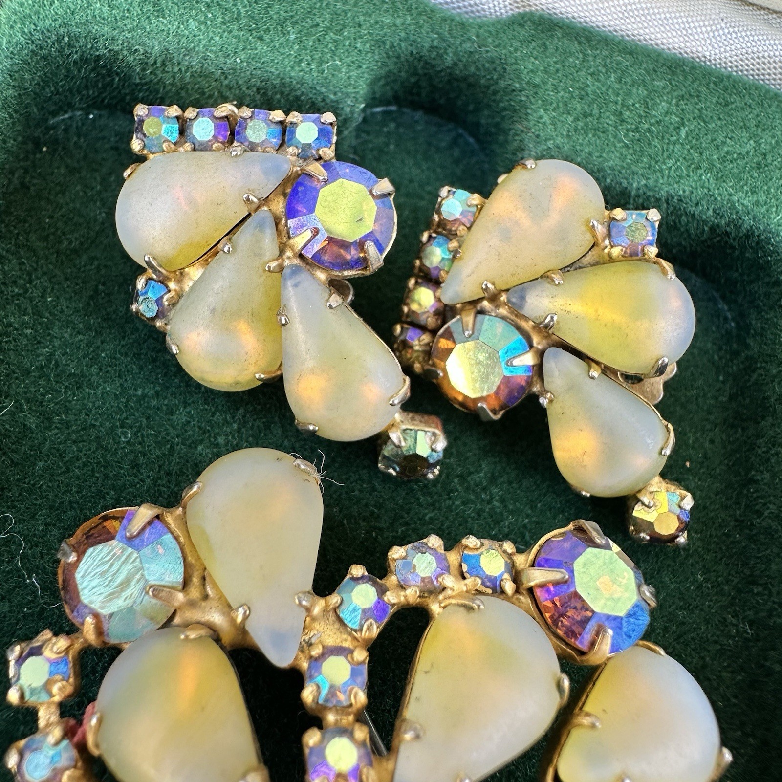 Vintage Opaline Brooch Earrings Set Juliana Kramer Style AB Rhinestone Glass