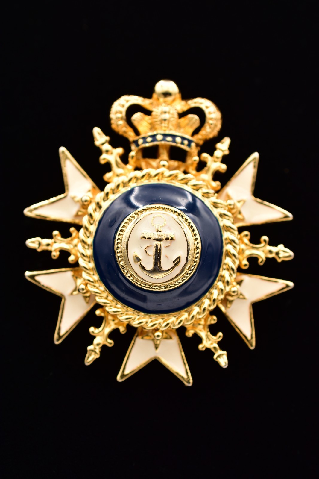 Vintage Crown Anchor Brooch Blue Enamel Crest Military Nautical Pin 1980s BinAL