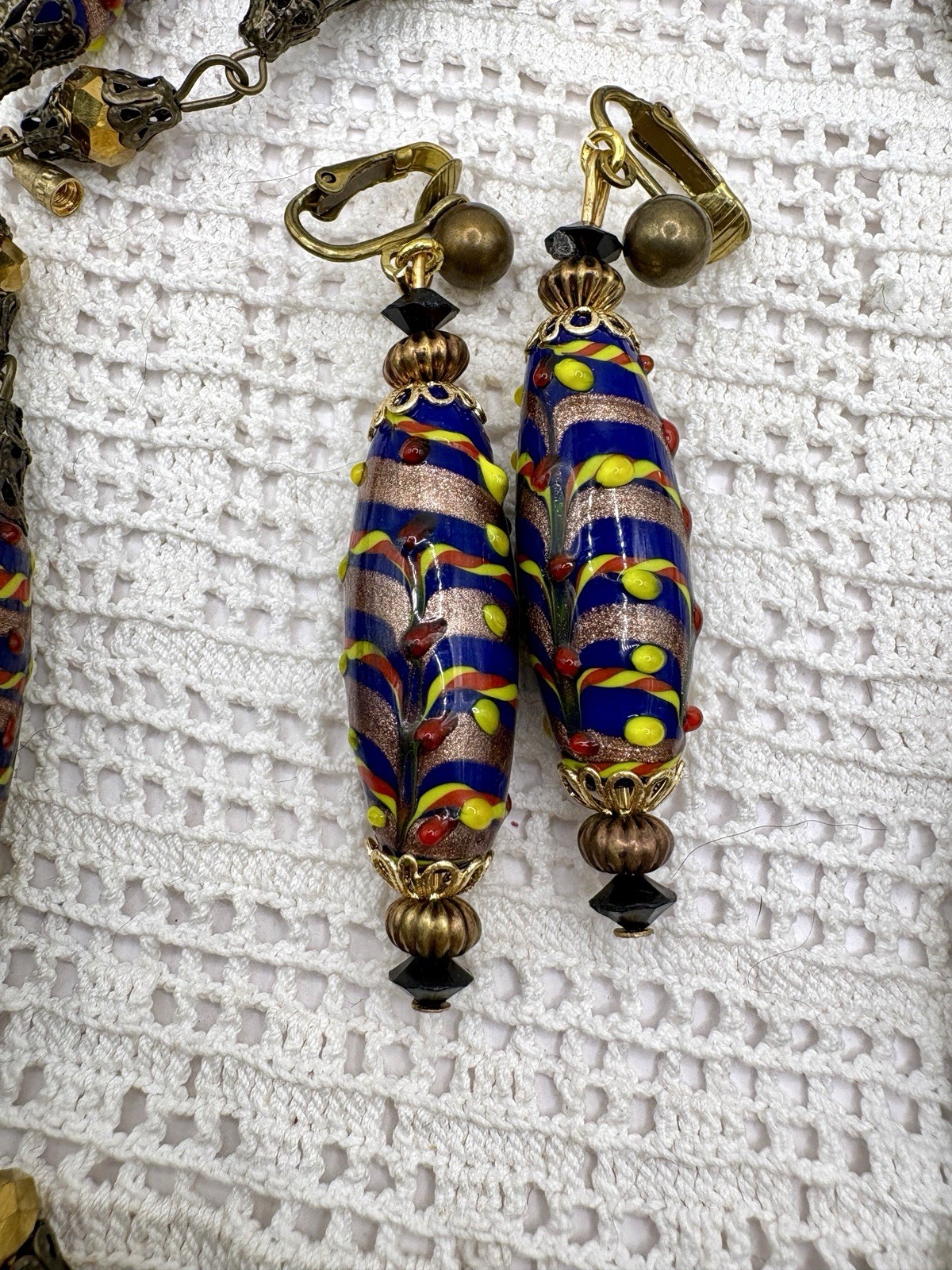 Vintage Czech Lampwork Trailed Aventurine Multicolor Bead Necklace Earring Set