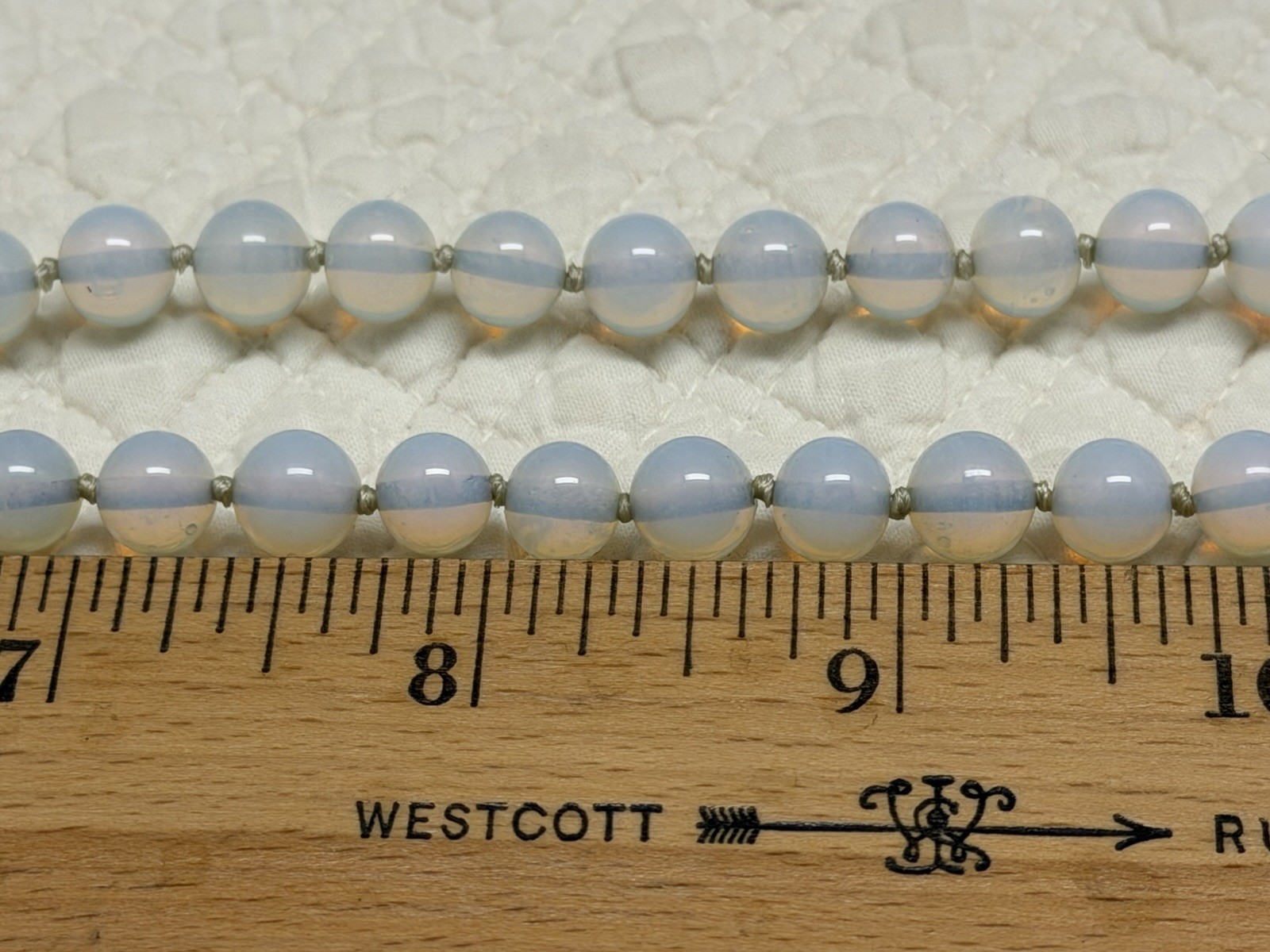 VINTAGE OPALITE OR OPALINE OPALESCENT GLASS BEAD NECKLACE HAND KNOTTED 26”