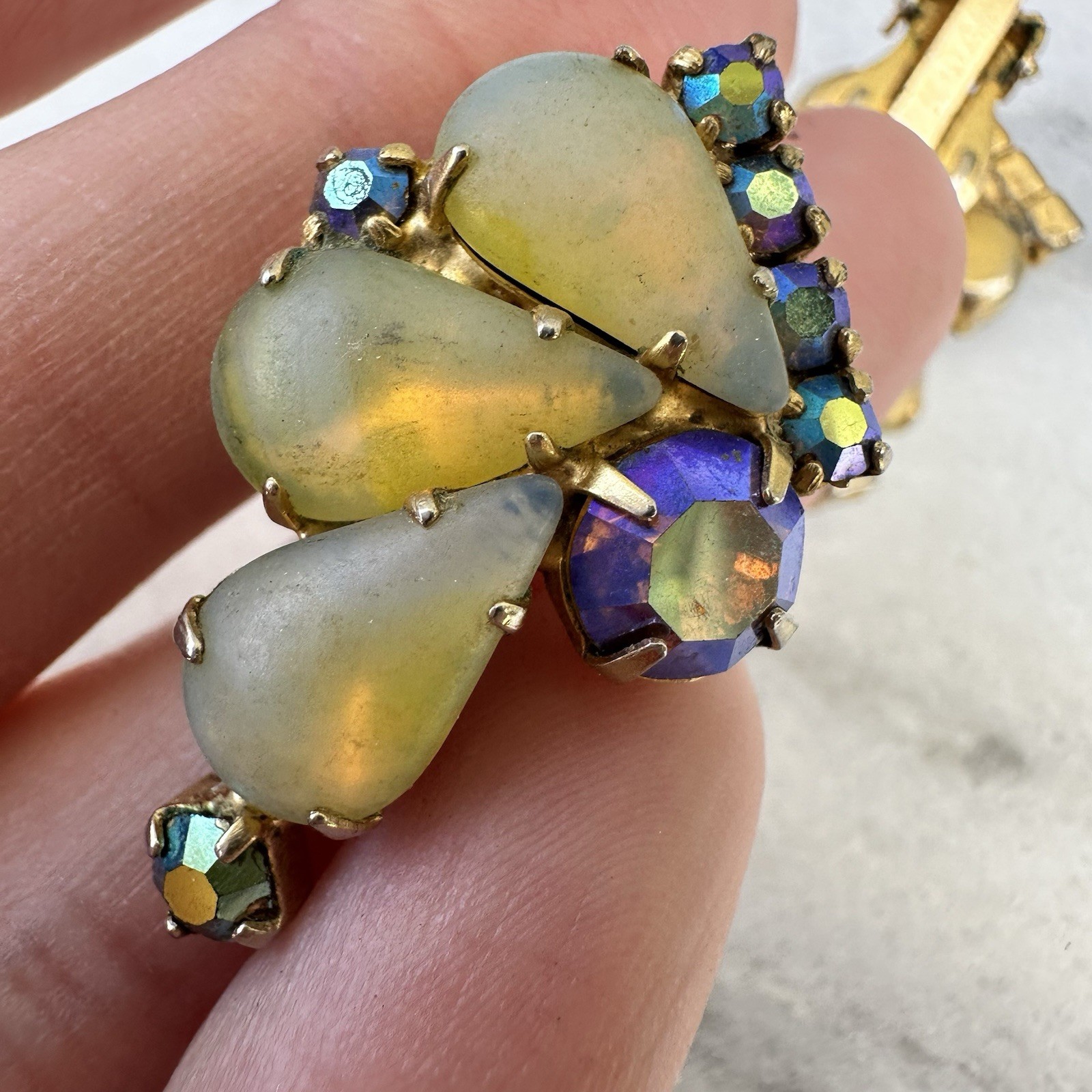 Vintage Opaline Brooch Earrings Set Juliana Kramer Style AB Rhinestone Glass