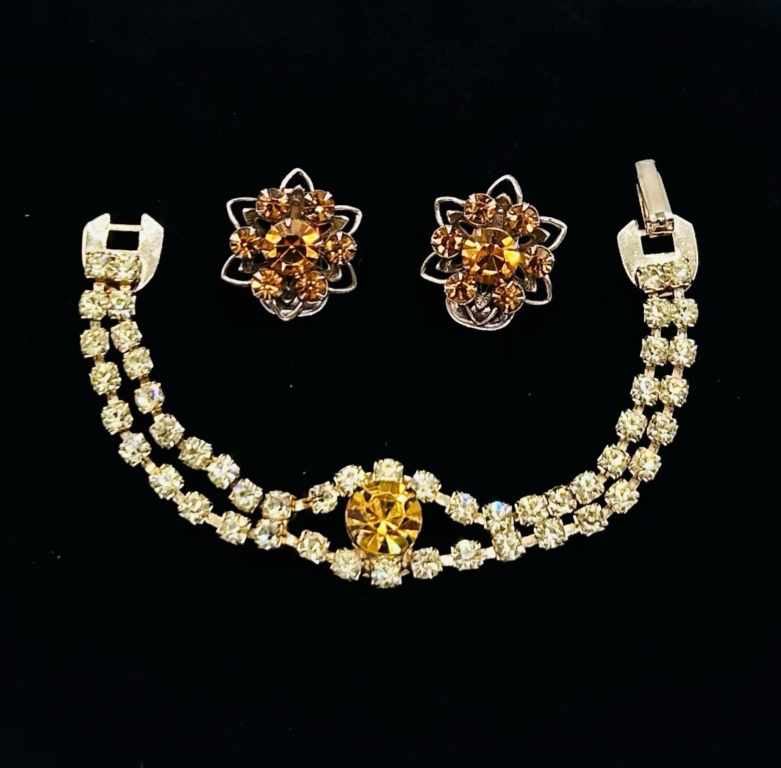 Vtg -1950s-ORANGE AMBER-Rhinestone-BRACELET and Floral EARRINGS SET-Gold Tone