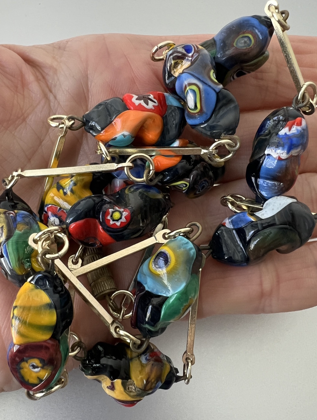 VTG Millefiori Art Glass Baroque Bead & Bar Link Necklace 30” Barrel Clasp