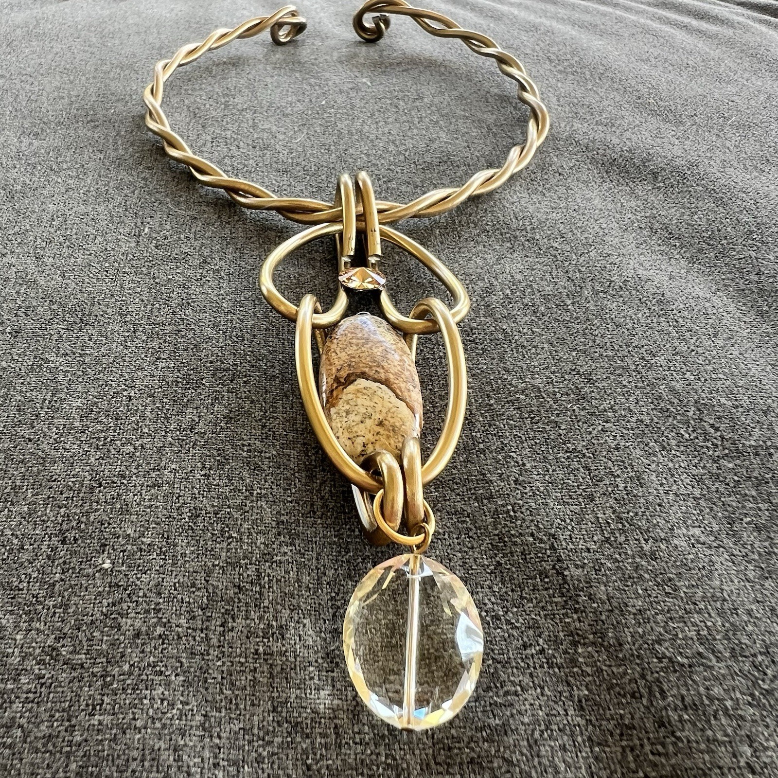 Vtg Jeff Lieb Wearable Art Choker Necklace Gold Tone Natural Stone W Crystals