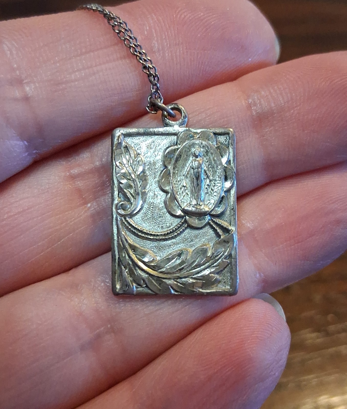 Antique Sterling Art Nouveau Madonna Pendant With Chain 18″ 5g See Pics/Descript
