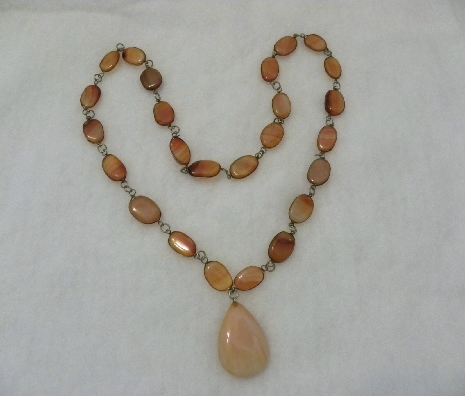 Vtg Polished Banded Agate Necklace Teardrop Pendant Chained Slices 30″ Long