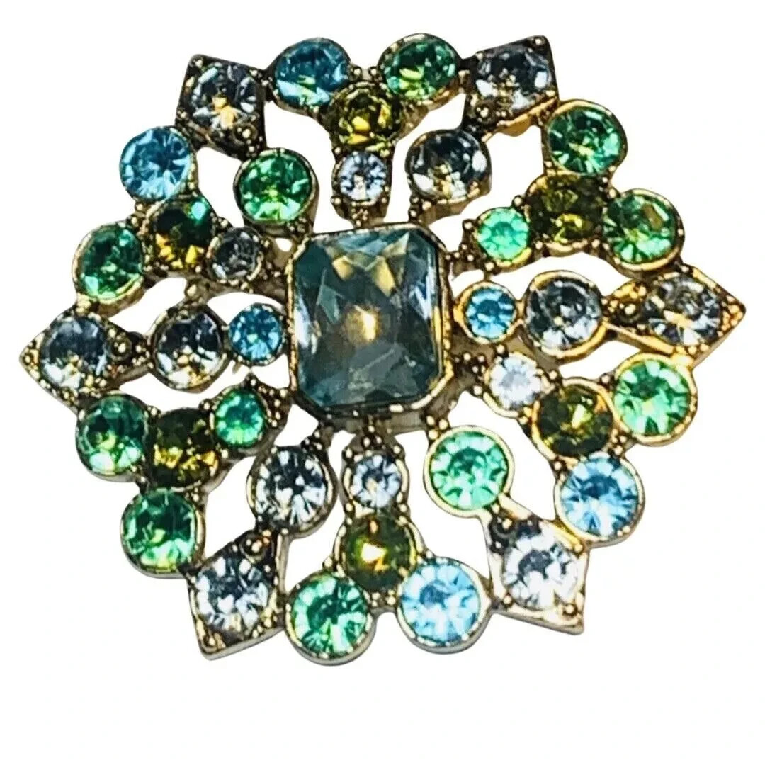 Liz Claiborne Green Rhinestone Brooch Pin 2” Gold Tone Flower