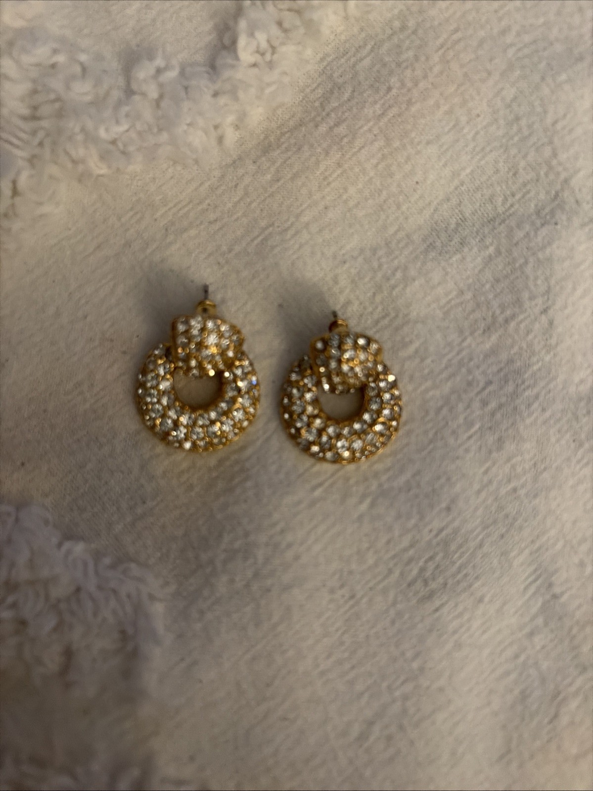 Vintage Roman signed earrings door knocker gold tone pave rhinestone dangle hoop