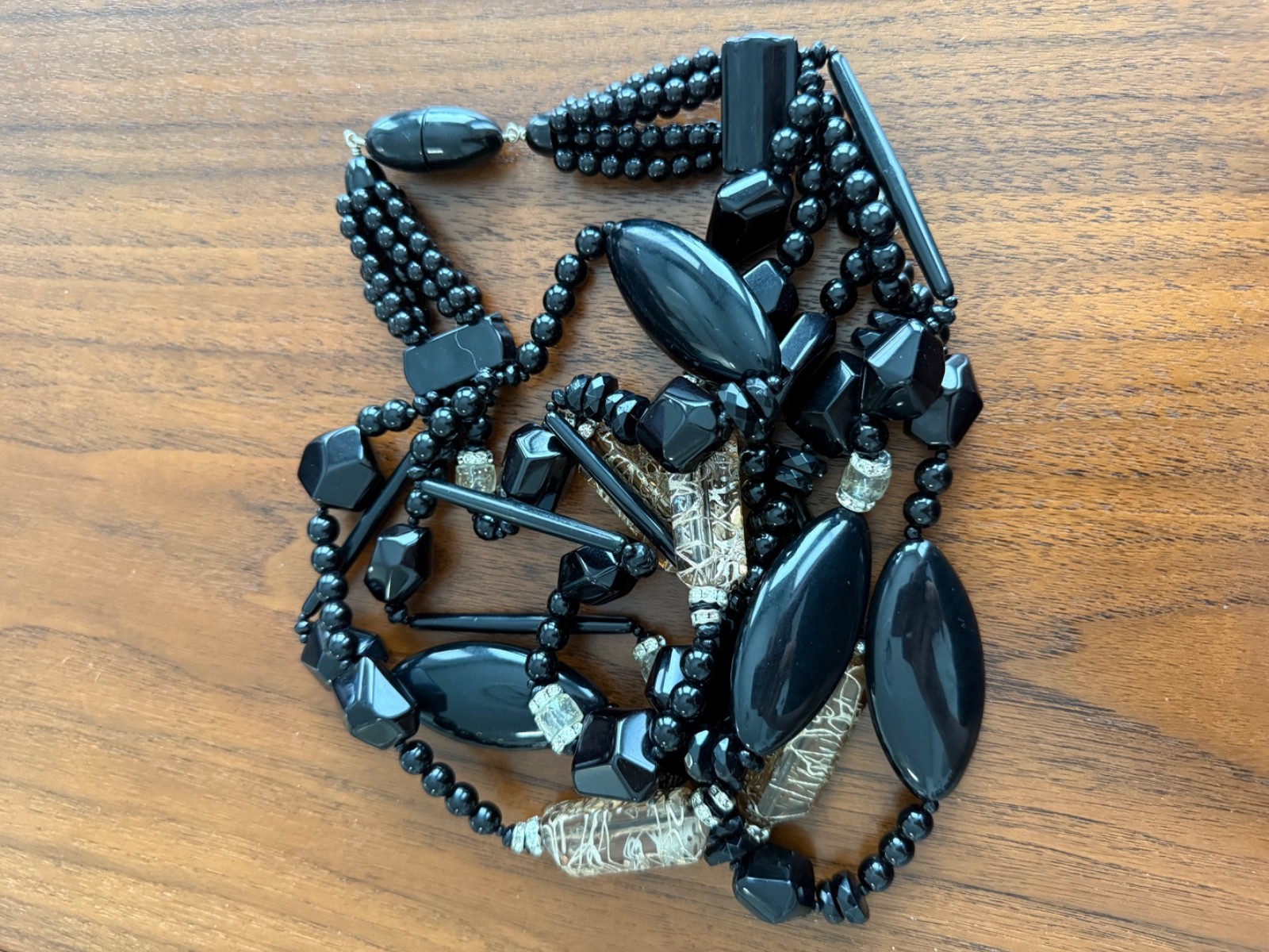 Angela Caputi Black & Clear Taupe Resin & Rhinestone Statement Necklace 21”