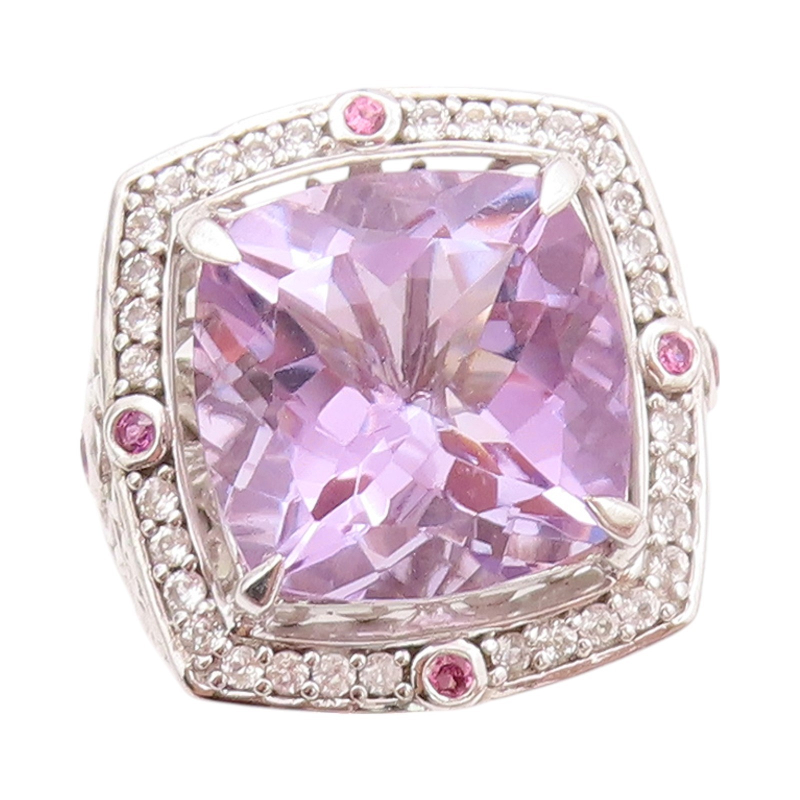 925 Sterling Silver Vintage Ring Large Amethyst Halo Sapphire Sz 5 RG32512