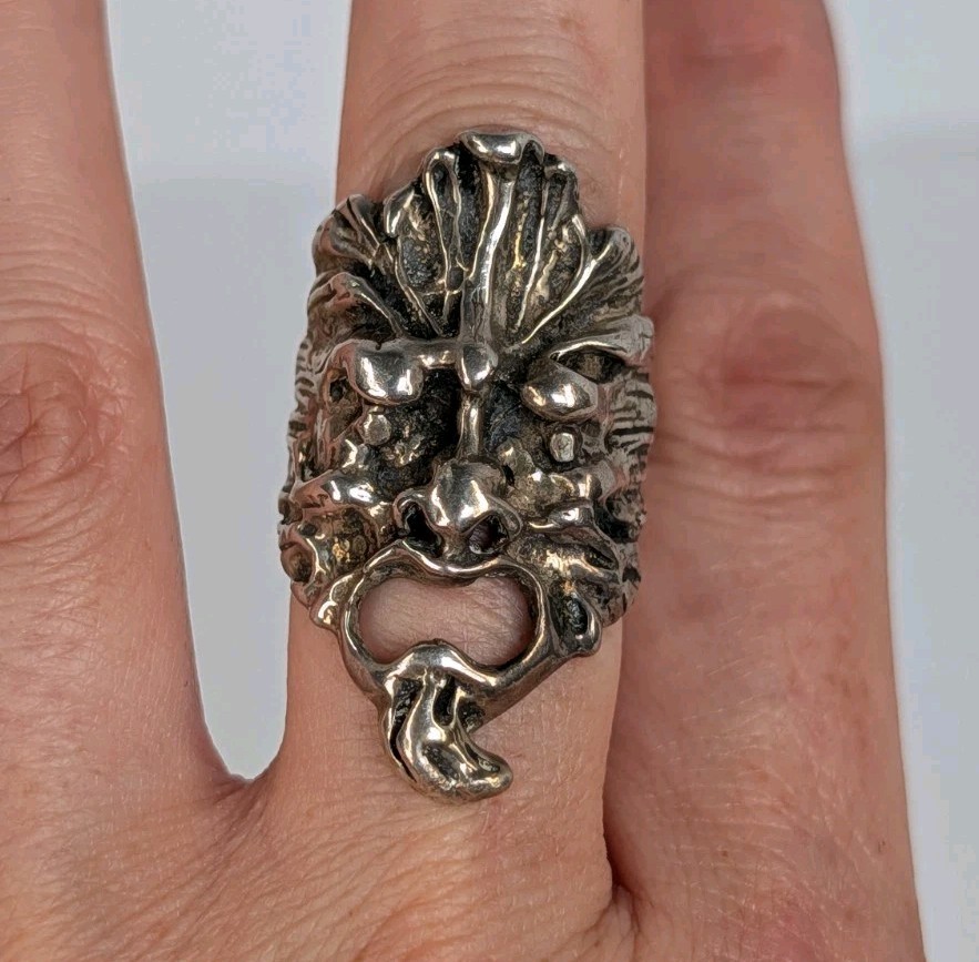 Unisex 60s Handmade Sterling Silver 999 Pagan Green Man Of The North Ring Sz 7