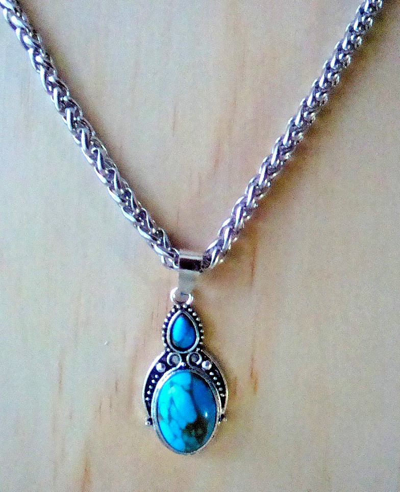Blue-Green Turquoise Stainless Steel Rolo Chain Pendant Necklace