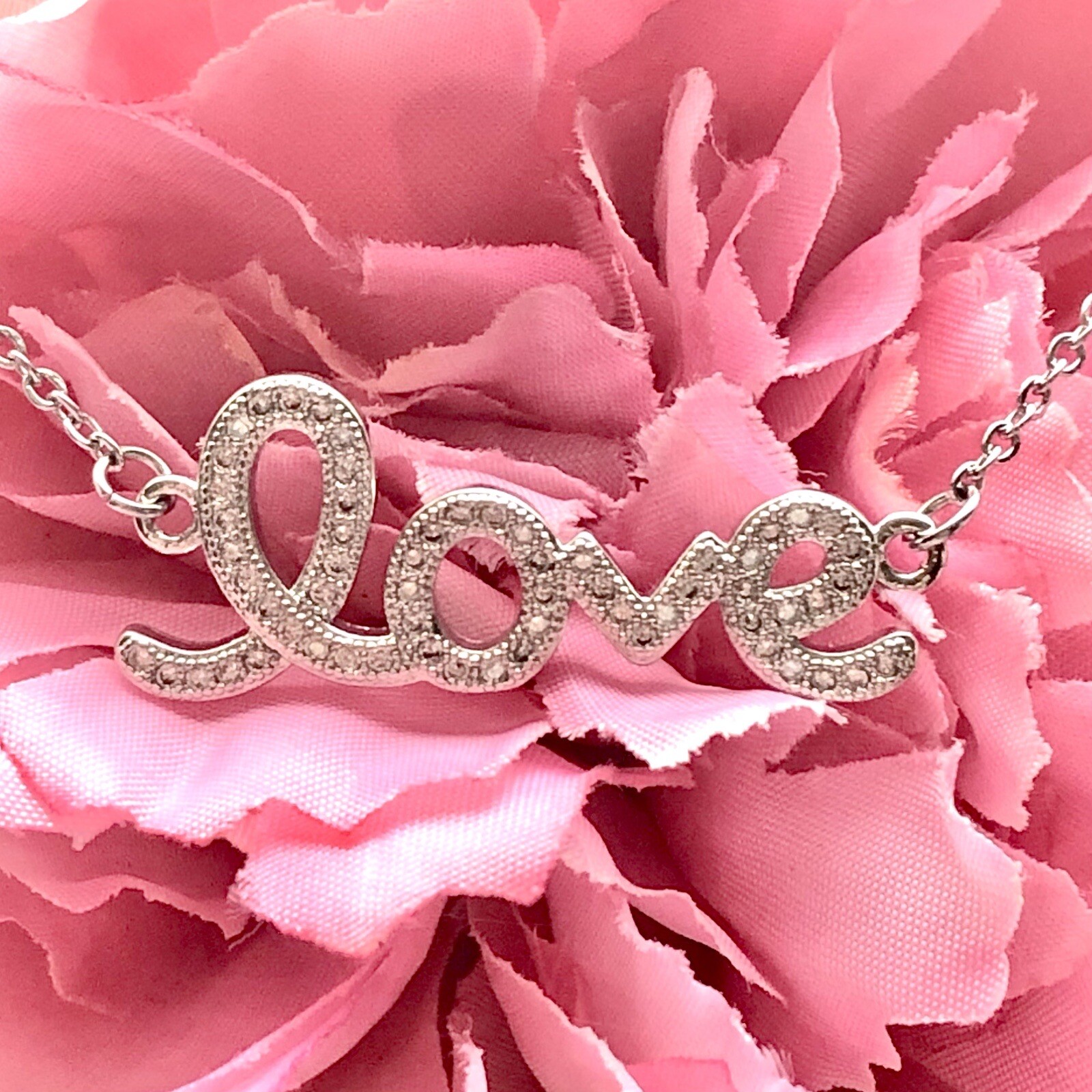 Dainty Rhinestone Love Cursive Word Pendant Necklace Silver Tone Adjustable 21”