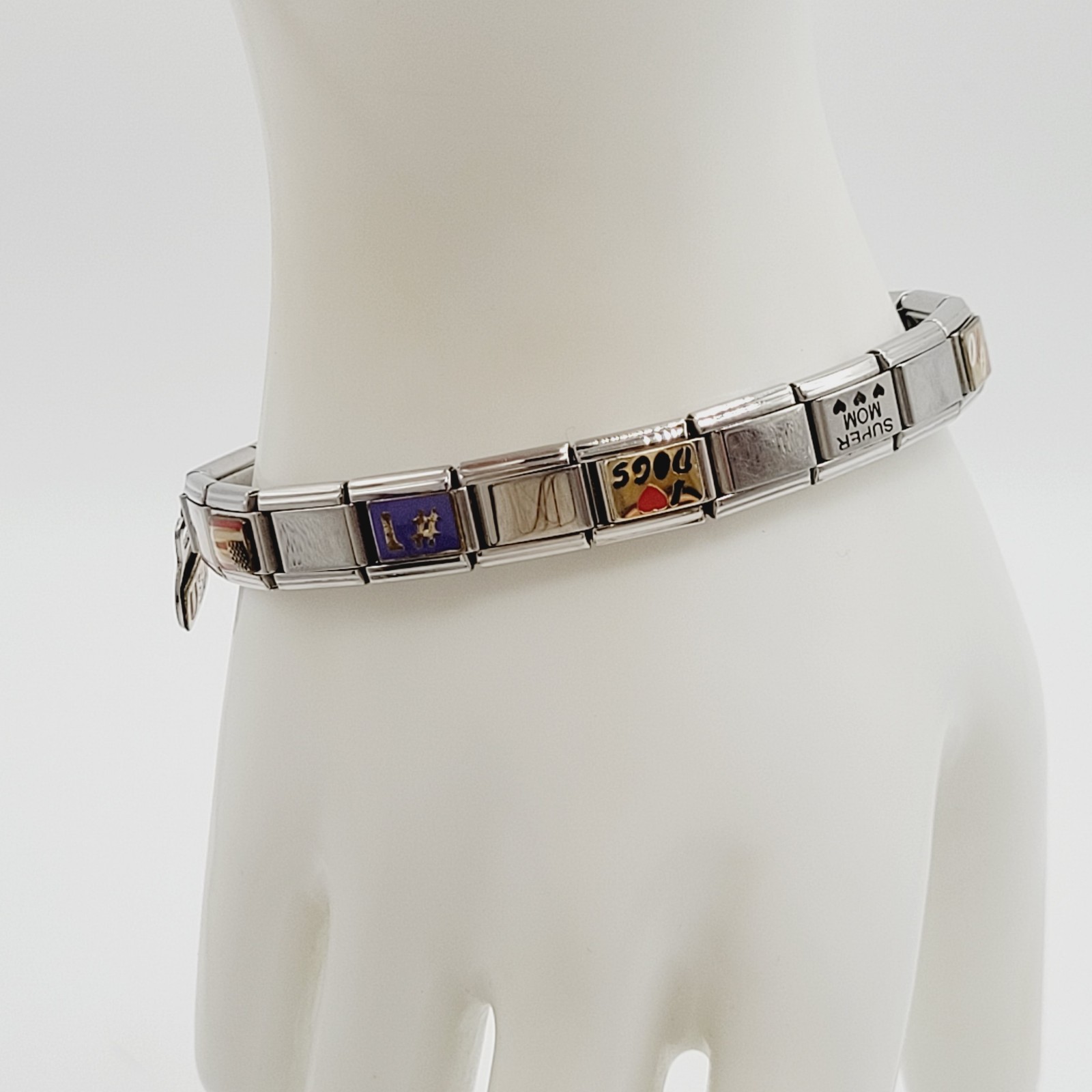 Vintage Italian Style Modular Stainless Steel Charm Bracelet w Mom USA Flag Dog