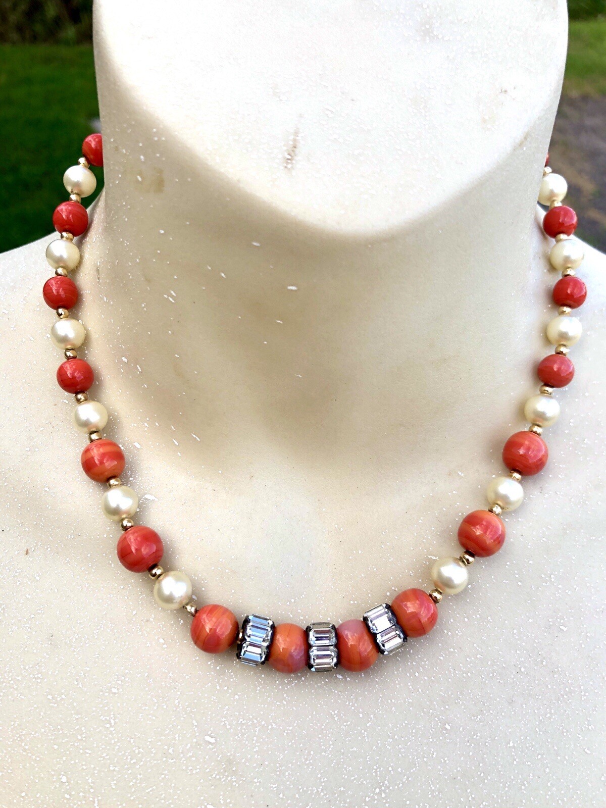 Estate 14K Gold Bead, Coral Glass, And Glass Pearl Beaded Necklace