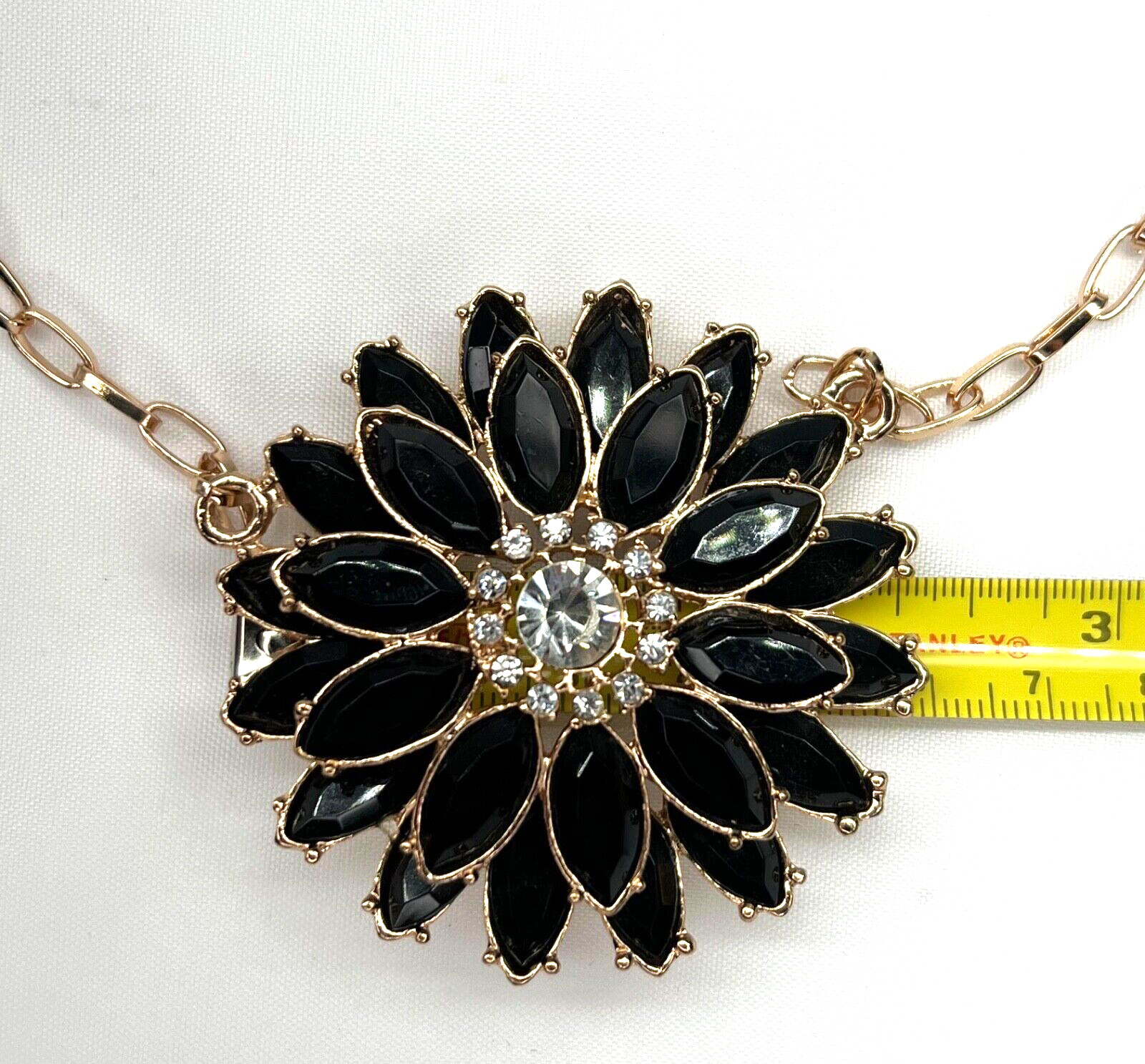 Statement Necklace Black Faceted Lucite and Clear Rhinestone Sunflower Gold-Tone