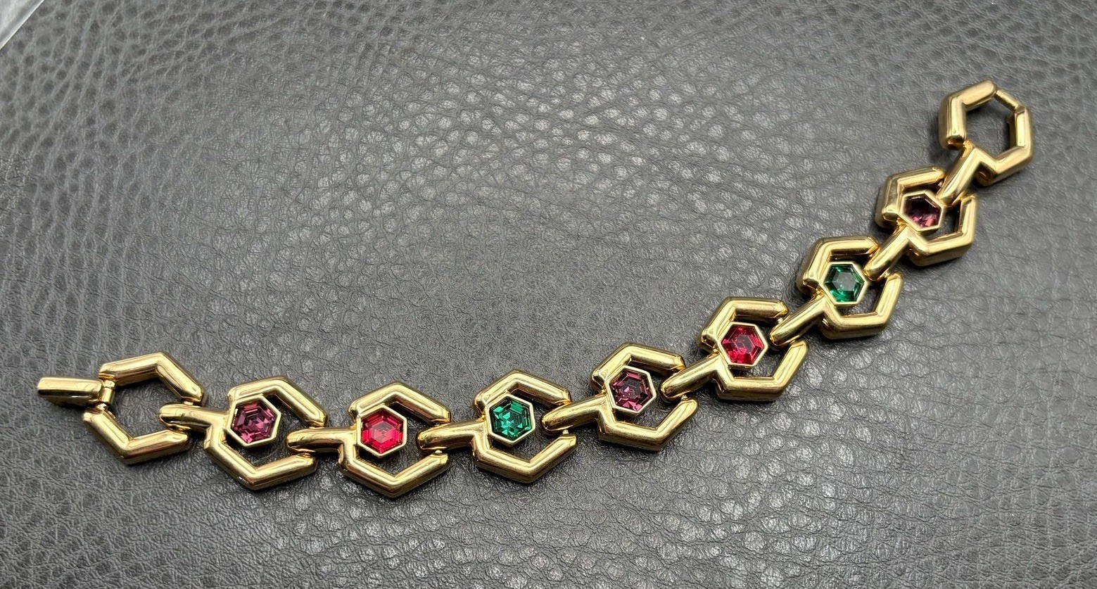 VTG 80s SWAROVSKI SWAN Gold Tone Hexagon Link Bracelet Green Purple Red Crystal