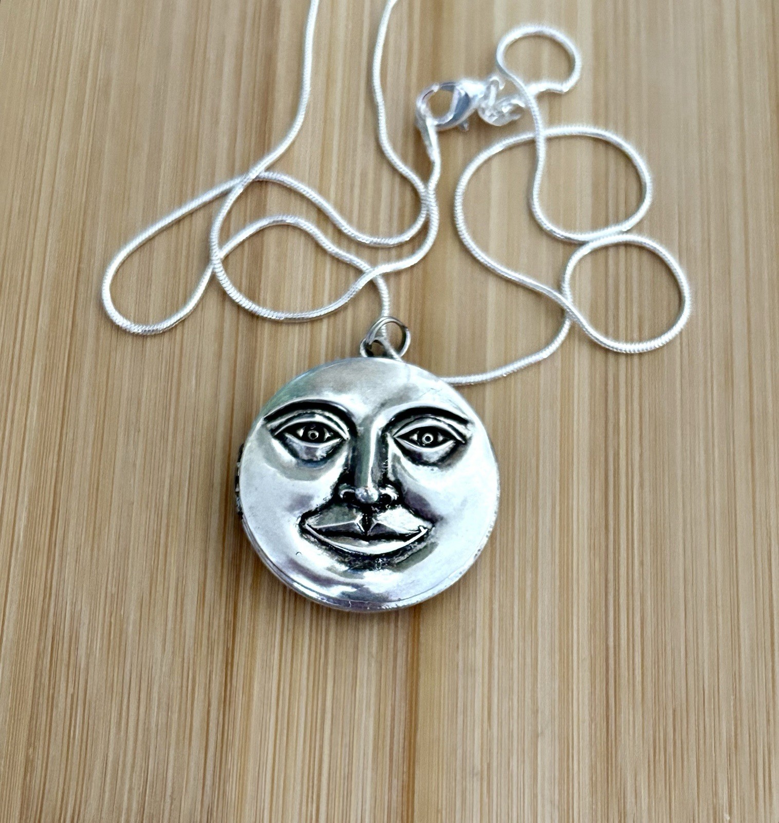 Full Moon Face Locket Necklace Sterling Silver Chain Secret Pillbox Vtg Pendant