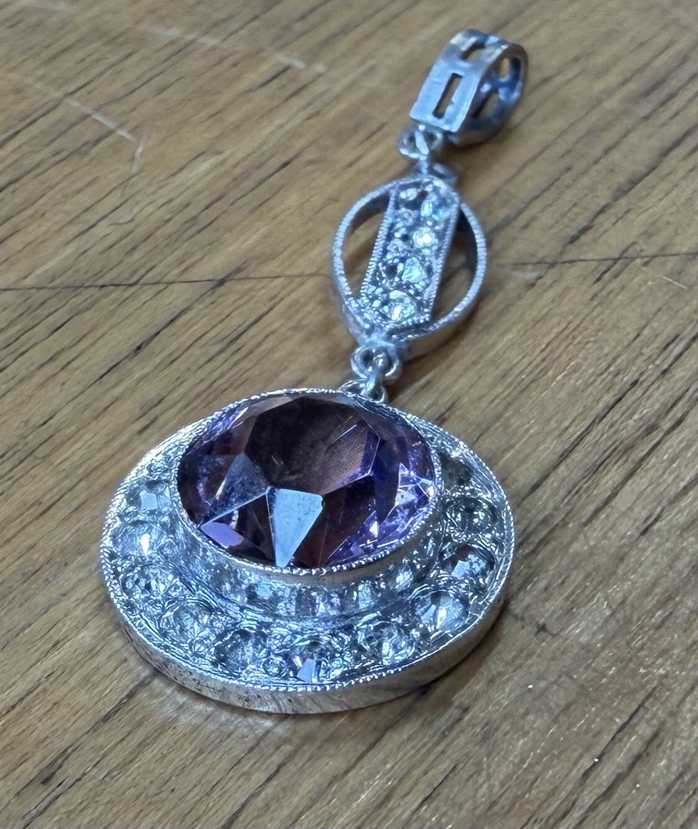 Sterling Silver Faceted Amethyst Dangle Drop Pendant 1.5” 3g Authentic Art Deco