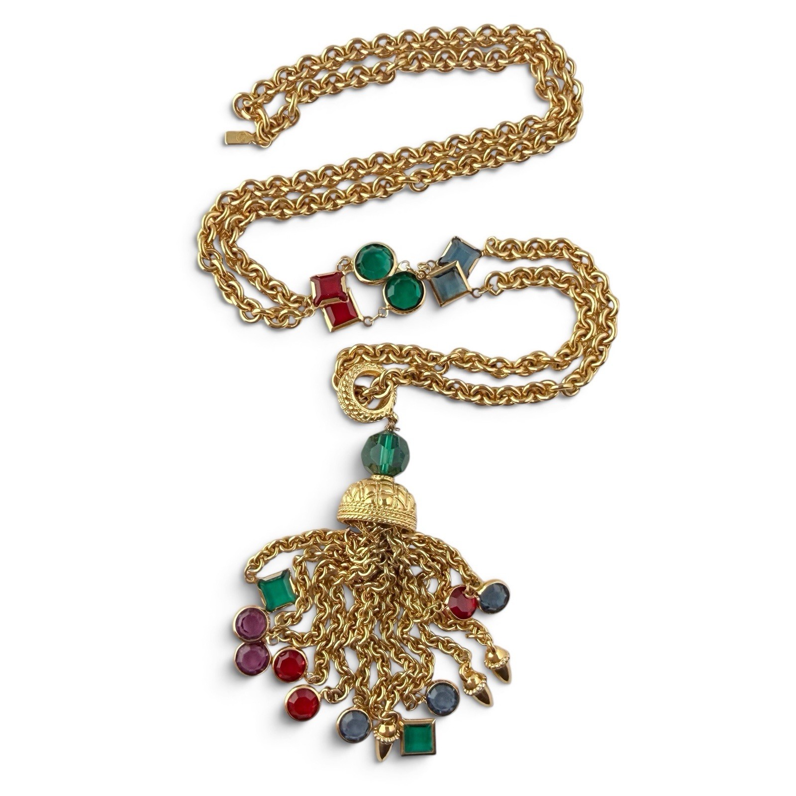 Vintage Swarovski Multicolor Bezel Set Crystal Tassel Chain Necklace FLAWS