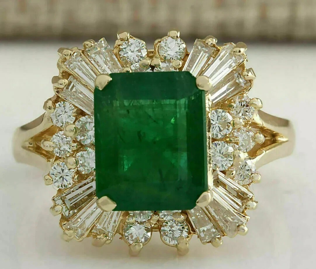 4.50Ct Art Deco Style Lab Created Green Emerald Anniversary 14K Gold FN Ring