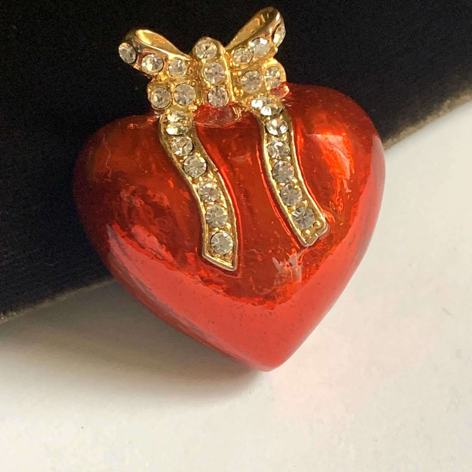 Vintage Red Enamel Puffy Heart with Rhinestone Gold tone Bow Pin Brooch