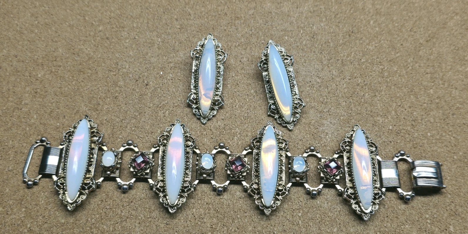 Vintage 1950’s Wide Opaline Glass Purple Crystal Chain Bracelet And Earrings