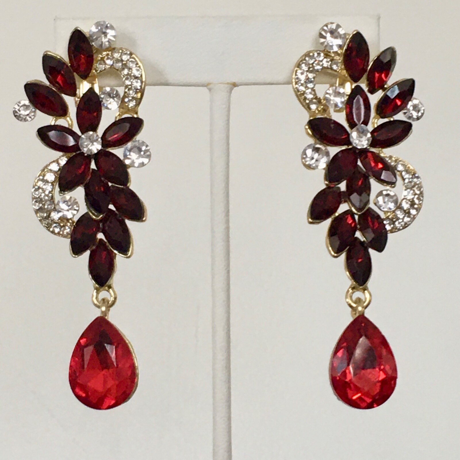 Red Rhinestone Statement Clip-On Earrings