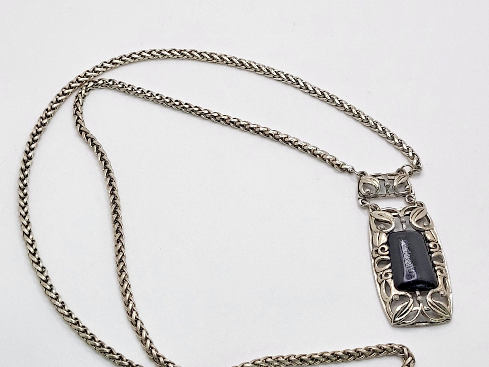 Vintage Wheat Chain Filigree Rectangle 2.5″ Pendant Resin Stone 15″