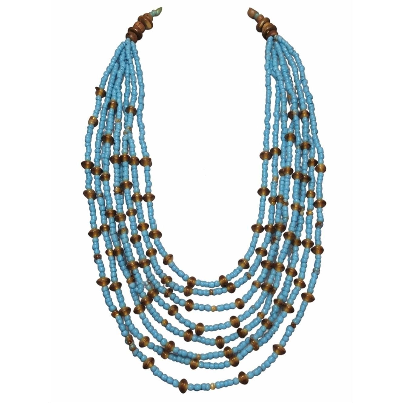 Vintage Blue Seed Bead Multi Strand Necklace Amber Glass Wood Bead Boho 34
