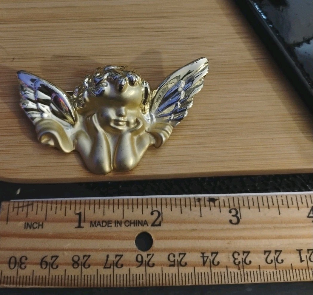PRIMAVERA(?) Brand Unsigned Dual Golden Textured 2.5″ Angel/Cherub Pin!