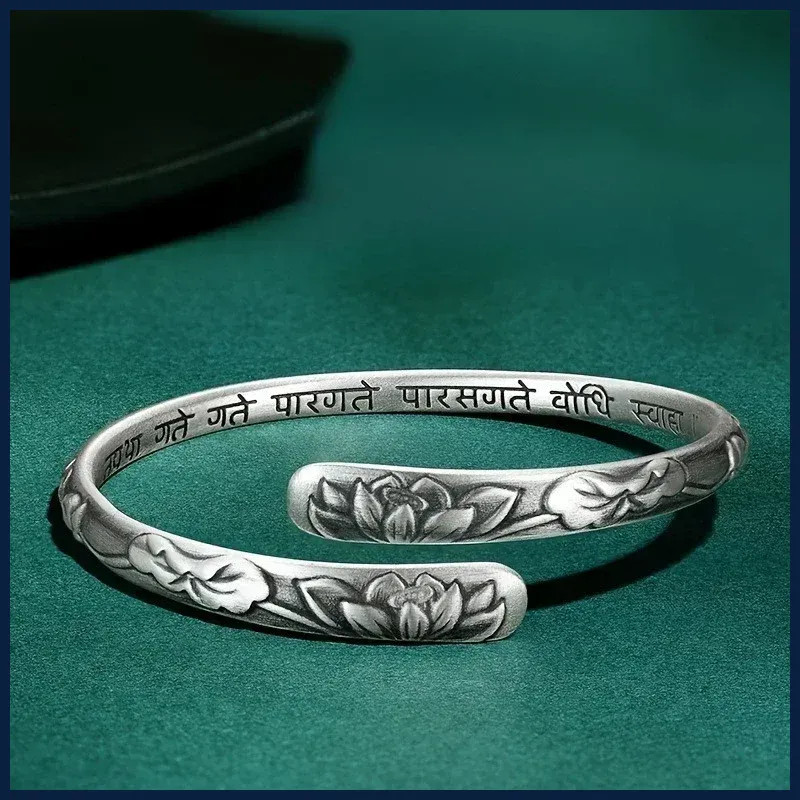 Vintage 925 Silver Lotus Flower Cuff Bracelet Adjustable Bangle for Women