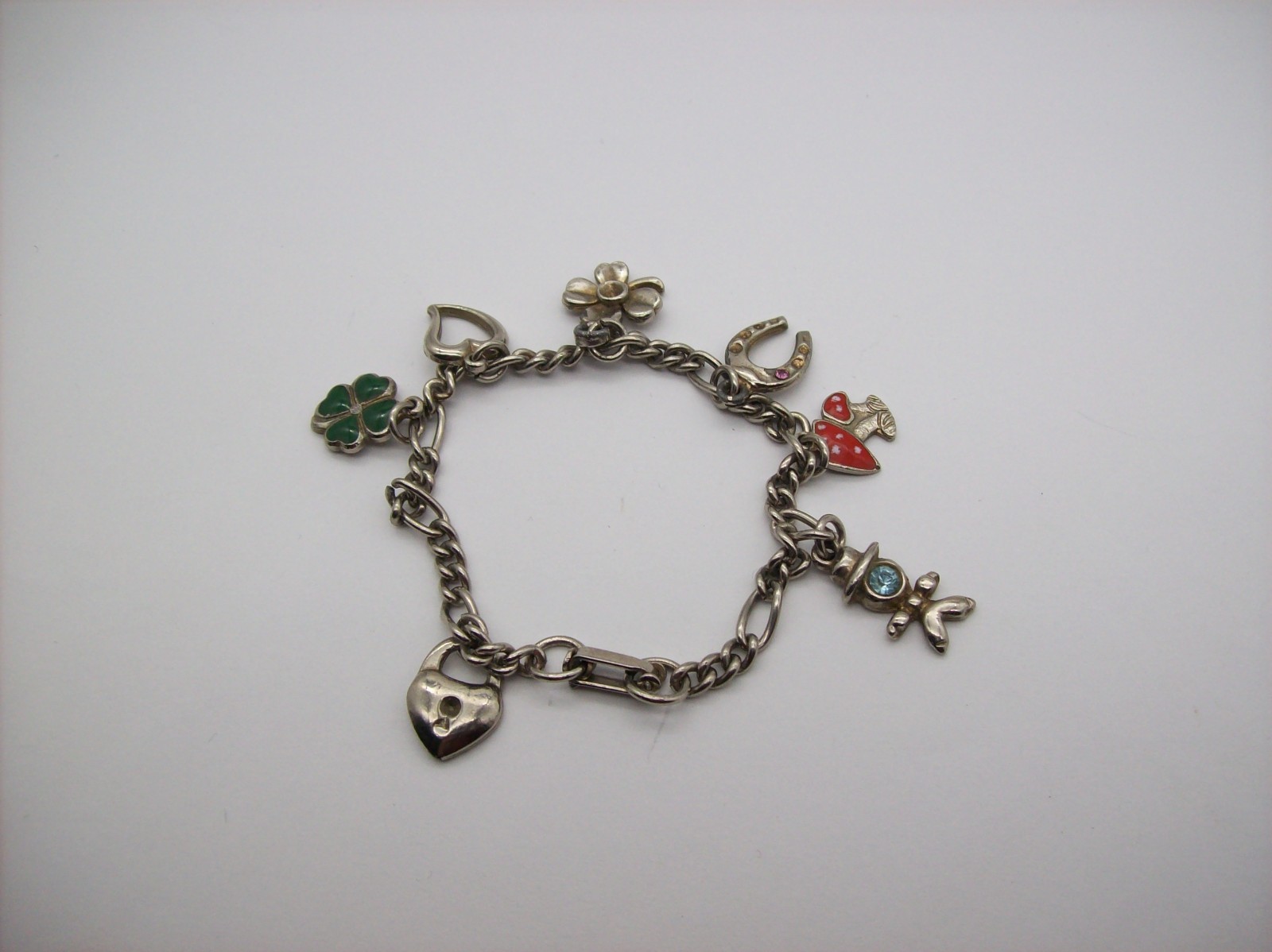 Vintage Silvertone Mix GOOD LUCK Charm Bracelet, Enamel, some made in Germany