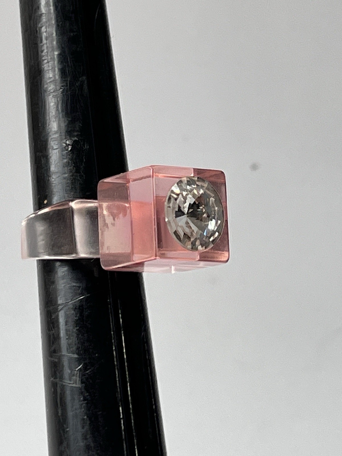 Vintage Lucite Ring Size 7.75 Coral Peach Rhinestone Modern Chunky Cubism Unisex