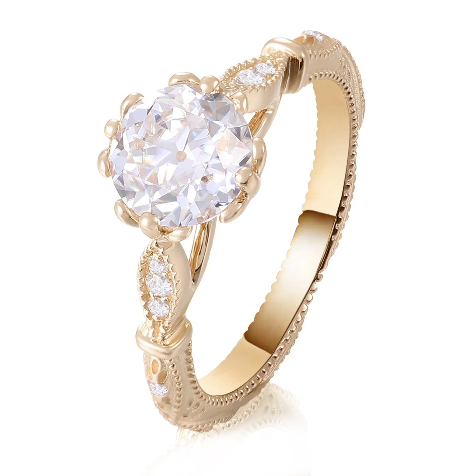 Filigree Style 1.15CT Round Cut White Moissanite & 10K Yellow Gold FN Women Ring