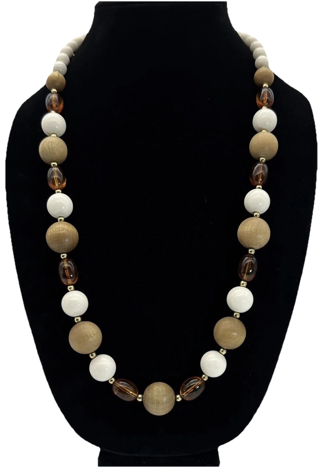 Vintage Scandinavian Boho Wood Faux Amber Bead Necklace Earth Tone Long 29in