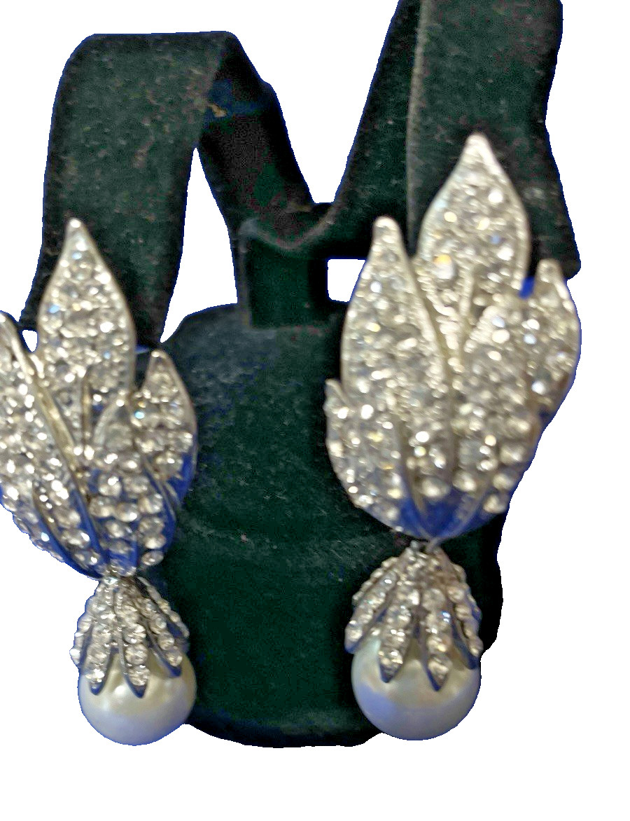 Prom Wedding Formal Earrings Fancy Drop Dangle w Faux Pearls Crystal Accents