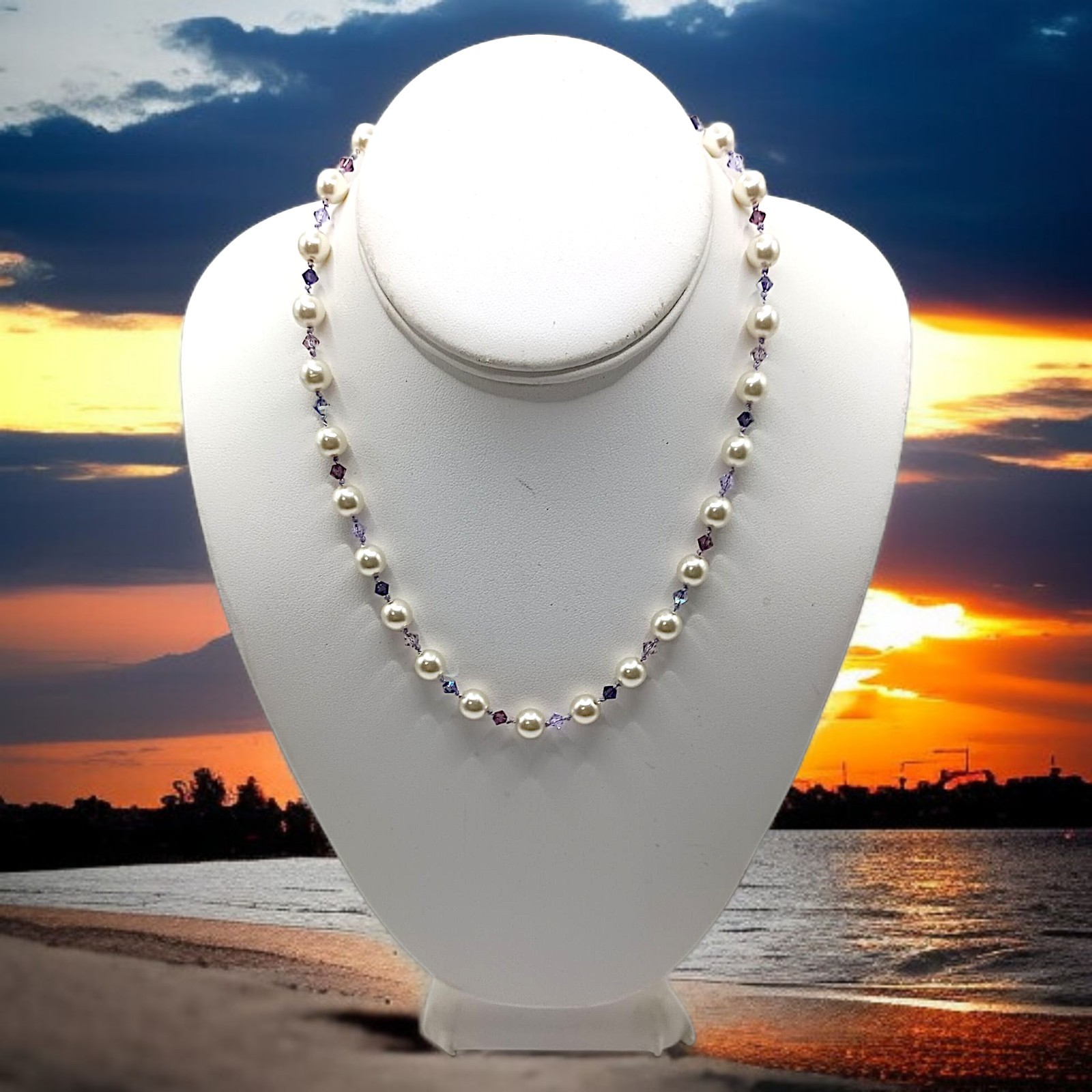 Vintage Purple Crystal Faux Pearl Necklace Beaded Hand Knotted Sterling Silver